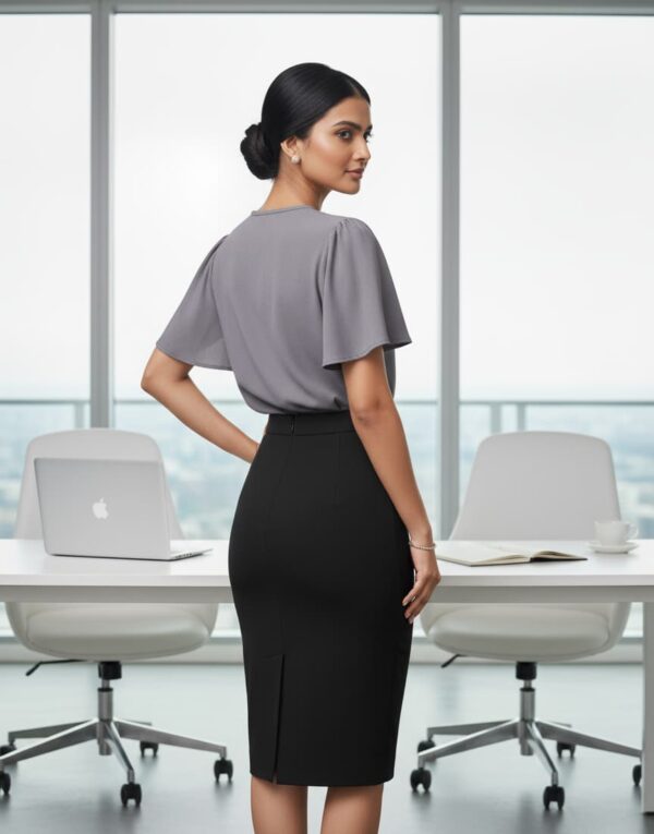 Elegant gray formal blouse for women with a keyhole neckline, perfect for office wear and professional settings.