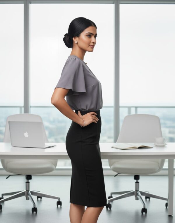 Elegant gray formal blouse for women with a keyhole neckline, perfect for office wear and professional settings.