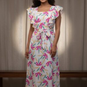 Floral Fiesta Maxi Dress with ruffle details and vibrant flower prints, ideal for summer events.