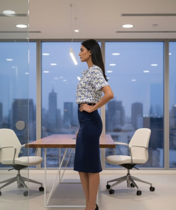 Floral print blouse for women, featuring a keyhole neckline and designed for office wear or professional settings.
