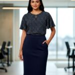 Formal navy blue skirt, styled with a patterned blouse in a modern office setting