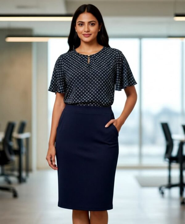 Formal navy blue skirt, styled with a patterned blouse in a modern office setting