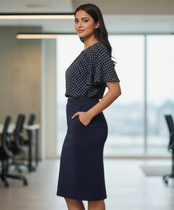 navy blue luxe pencil skirt