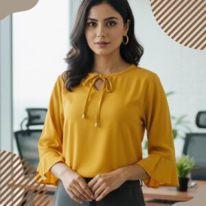 Chic mustard formal blouse with tie detail and bell sleeves, perfect for office wear, paired with a black pencil skirt in a modern office setting.