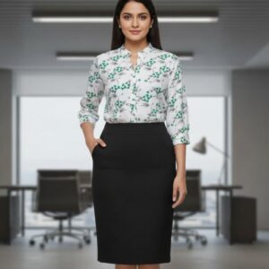 Jet Black Luxe Pencil Skirt styled with a floral blouse in a modern office setting.