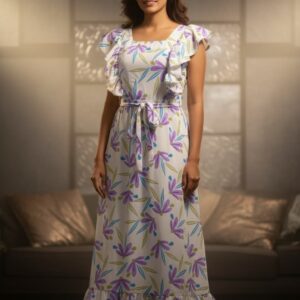 Lavender Blossom Maxi Dress with floral prints, ruffles, and a flattering silhouette, ideal for elegant summer occasions.