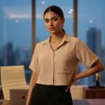 Beige crop top for women, perfect for office wear and casual outings, featuring a button-up design and relaxed fit.