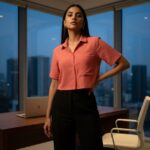 Coral buttoned formal crop top, paired with black trousers in a modern office setting.
