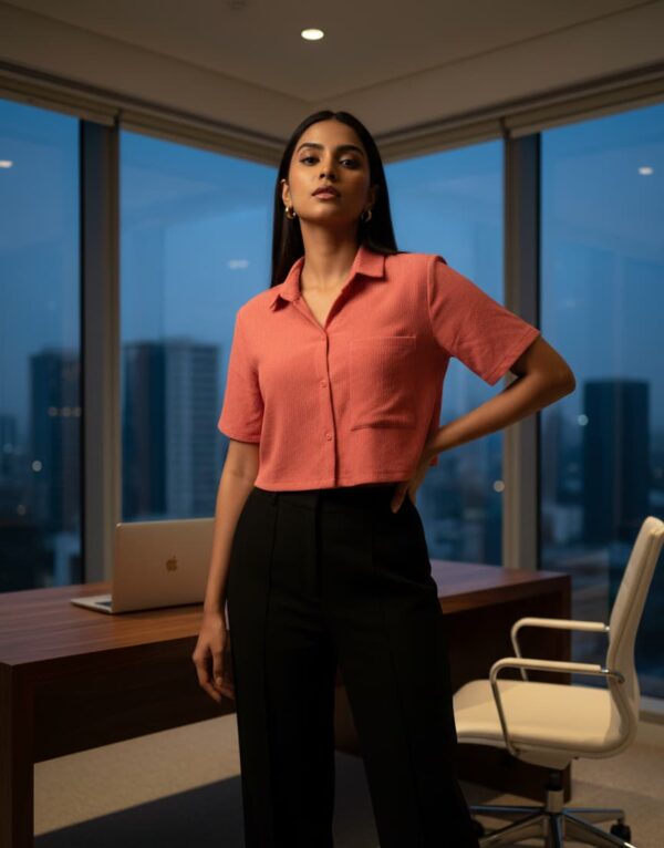 Coral buttoned formal crop top, paired with black trousers in a modern office setting.