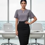 Elegant gray formal blouse for women with a keyhole neckline, perfect for office wear and professional settings.