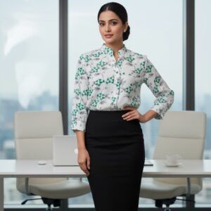 Floral print formal blouse with a black pencil skirt in a modern office setting.