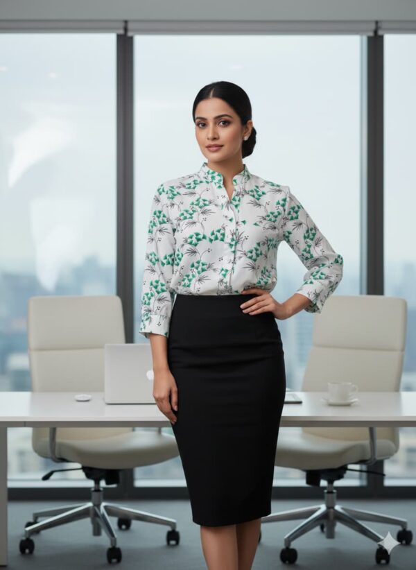 Floral print formal blouse with a black pencil skirt in a modern office setting.