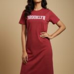 Red Brooklyn print t-shirt dress with a relaxed fit, perfect for casual wear.