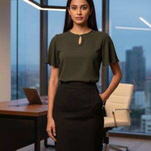 Olive green keyhole formal blouse, styled with a black pencil skirt in a modern office setting