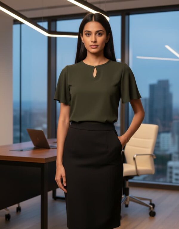 Olive green keyhole formal blouse, styled with a black pencil skirt in a modern office setting