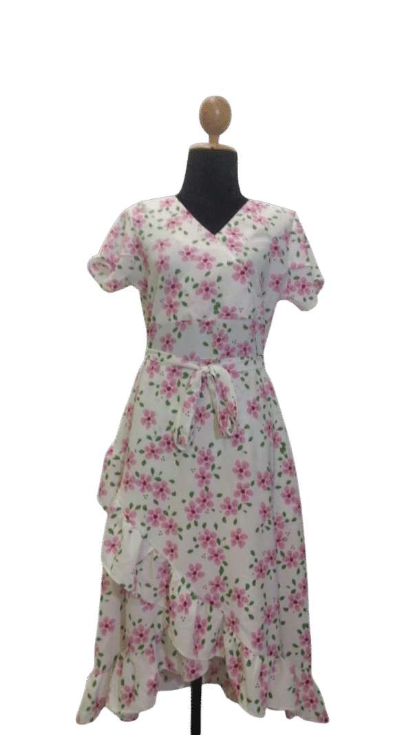 Floral midi dress with pink blossoms, wrap style, and ruffled hem, perfect for spring and summer.