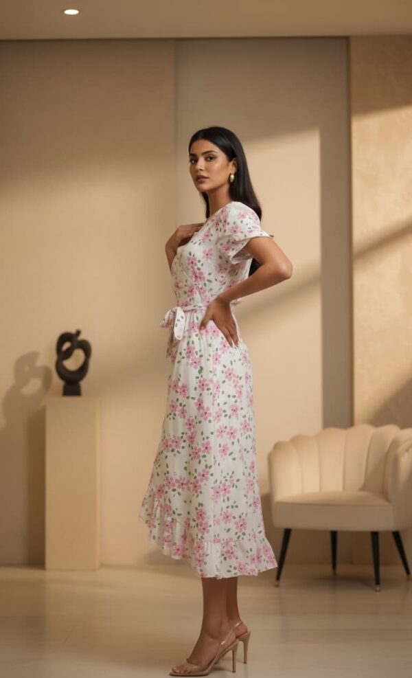 Floral midi dress with pink blossoms, wrap style, and ruffled hem, perfect for spring and summer.