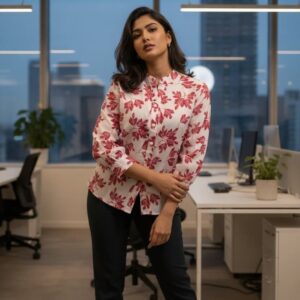 Crimson Bloom Top with a vibrant red floral print and Chinese collar, perfect for professional or casual wear.