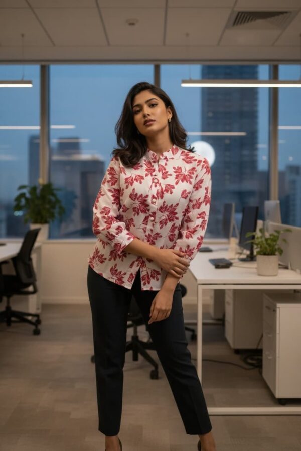 Crimson Bloom Top with a vibrant red floral print and Chinese collar, perfect for professional or casual wear.