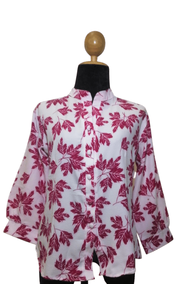 Crimson Bloom Top with a vibrant red floral print and Chinese collar, perfect for professional or casual wear.