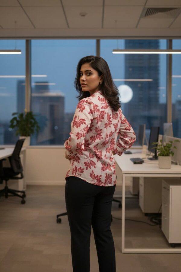Crimson Bloom Top with a vibrant red floral print and Chinese collar, perfect for professional or casual wear.