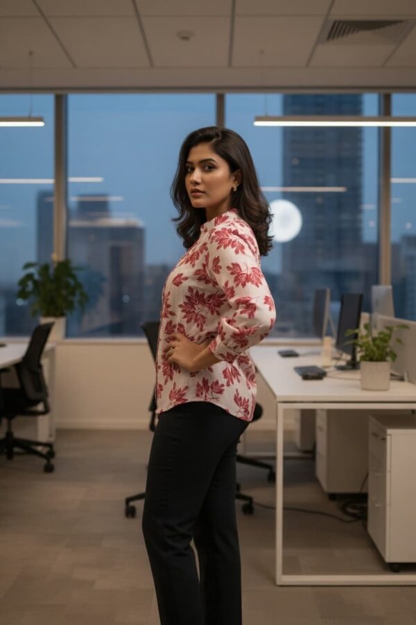 Crimson Bloom Top with a vibrant red floral print and Chinese collar, perfect for professional or casual wear.