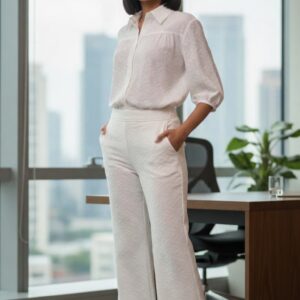 Elysian White Top and Pant Set featuring a tailored blouse and wide-leg pants for a chic, professional look.
