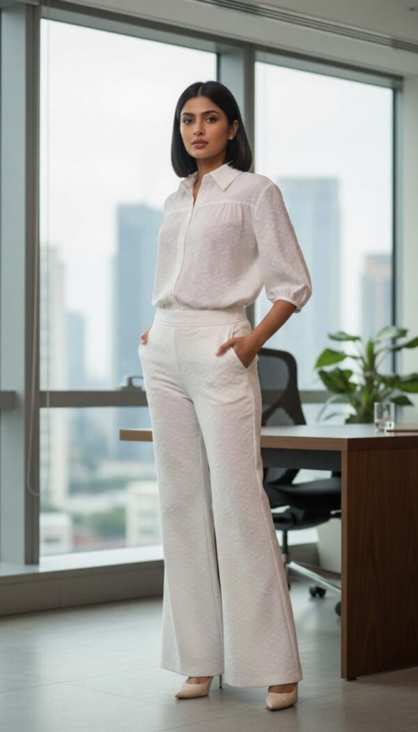 Elysian White Top and Pant Set featuring a tailored blouse and wide-leg pants for a chic, professional look.