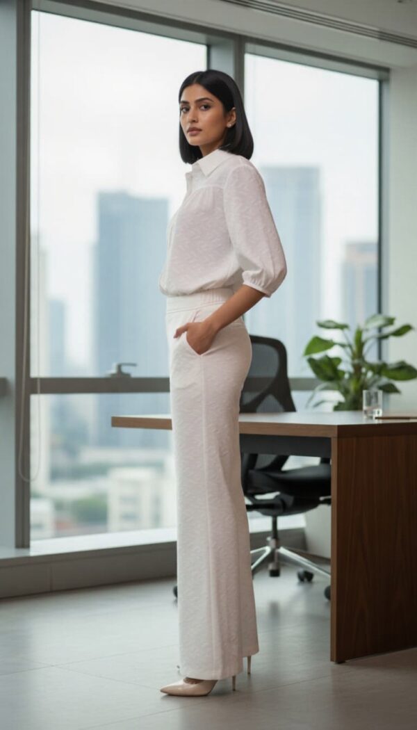 Elysian White Top and Pant Set featuring a tailored blouse and wide-leg pants for a chic, professional look.