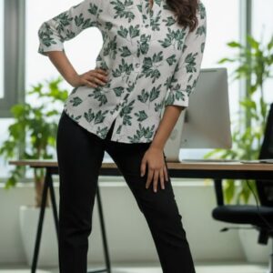Flourish Blossom Top featuring a chic leaf print and Chinese collar, perfect for a modern, sophisticated look