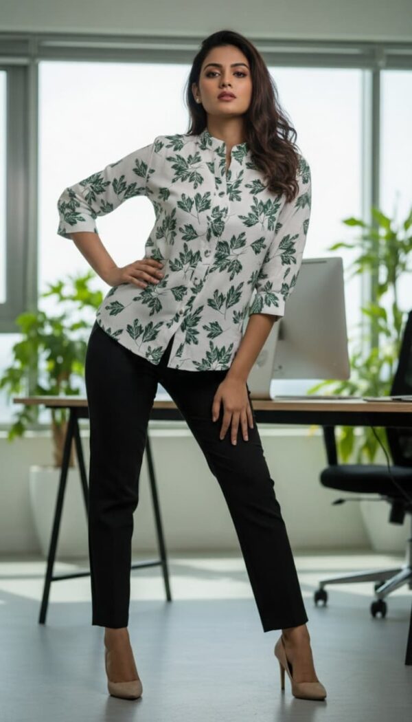 Flourish Blossom Top featuring a chic leaf print and Chinese collar, perfect for a modern, sophisticated look