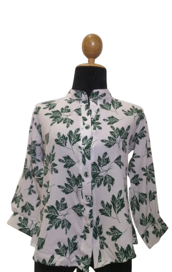 Flourish Blossom Top featuring a chic leaf print and Chinese collar, perfect for a modern, sophisticated look