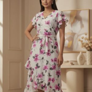 Floral midi dress with pink flowers, wrap style, and ruffled hem, ideal for spring and summer occasions.