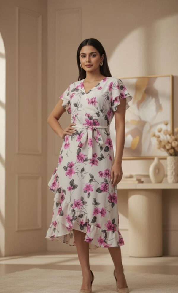 Floral midi dress with pink flowers, wrap style, and ruffled hem, ideal for spring and summer occasions.