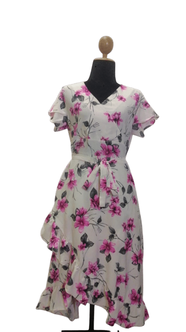 Floral midi dress with pink flowers, wrap style, and ruffled hem, ideal for spring and summer occasions.