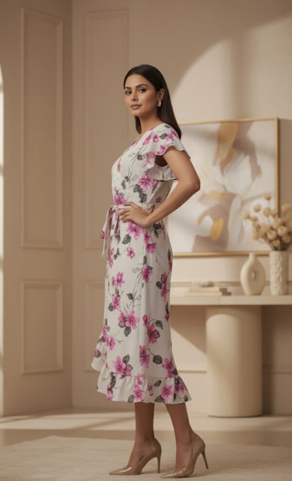 Floral midi dress with pink flowers, wrap style, and ruffled hem, ideal for spring and summer occasions.