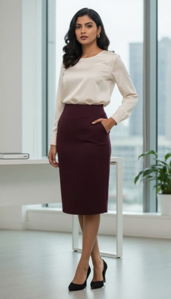 Ruby Luxe Midi Skirt in rich maroon, offering a sleek, figure-flattering fit with a high-waisted design, perfect for both professional and evening wear.