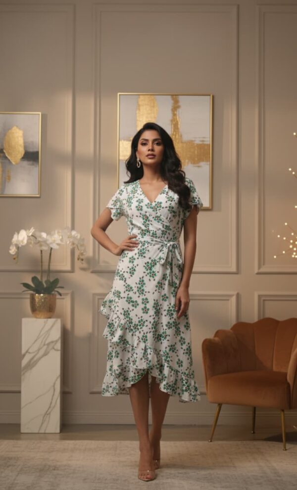 Green floral midi dress featuring a vibrant flower print, perfect for spring and summer outfits